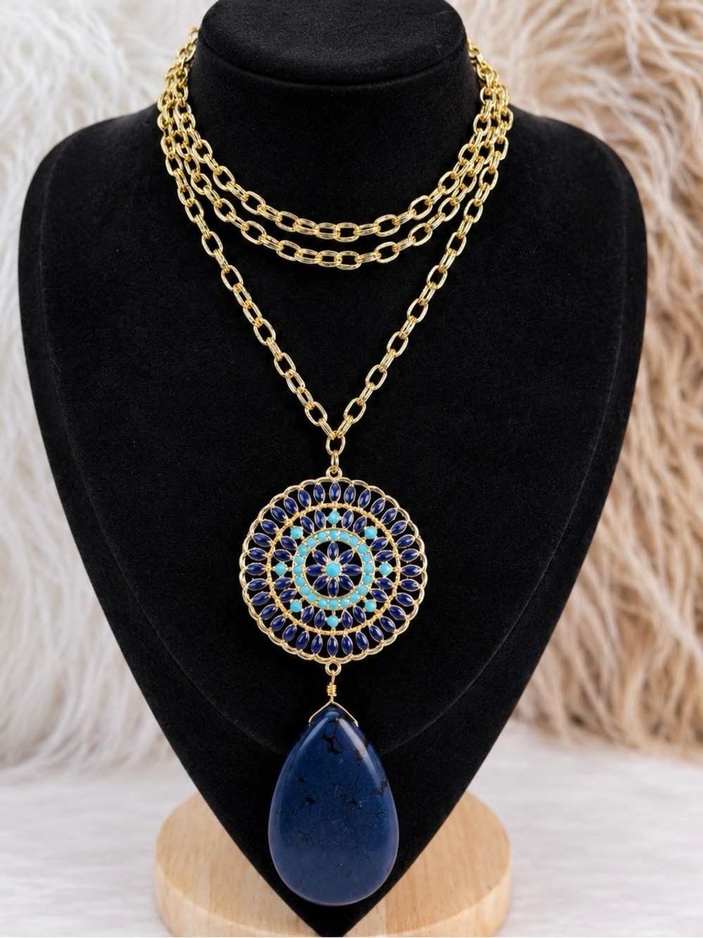 Goldtone and Blue Large Pendant Long Necklace